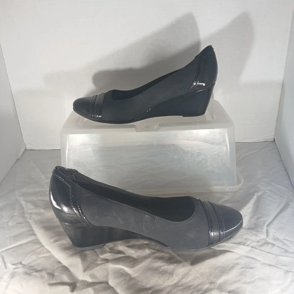 LifeStride Juliana Wedge Pumps 8.5M Black‎ Patent Accent Comfort Career Shoes